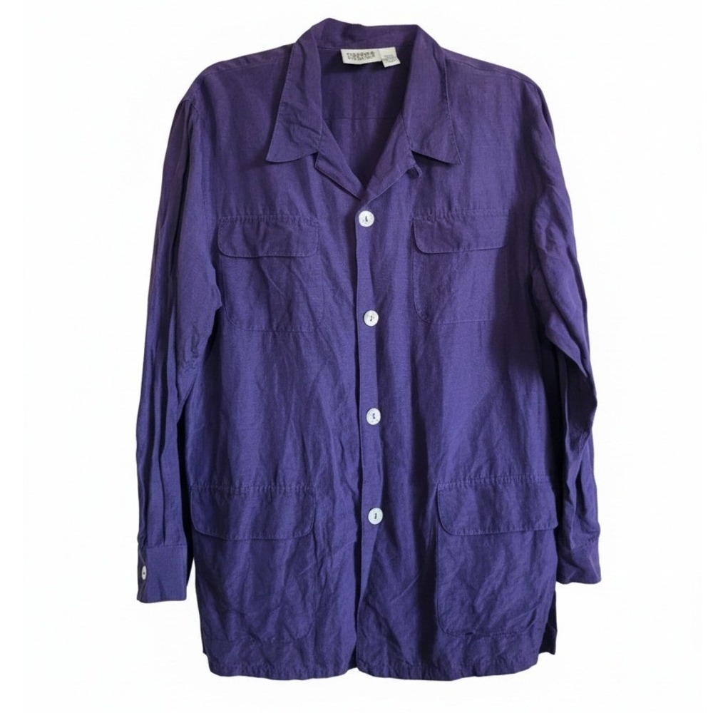 Chico's Design 1 Vtg Royal Purple Silk Linen Blend Button Front Utility Top M
